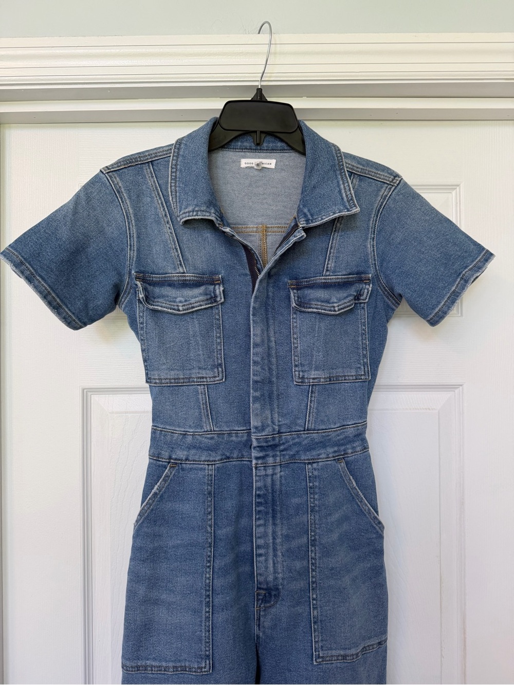 Good American Blue Denim Short-Sleeve Jumpsuit